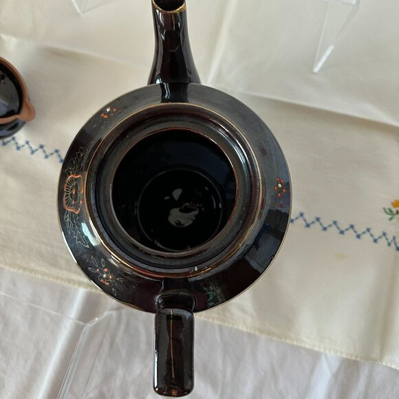 1940 - 1950's Vintage Japanese Moriage Teapot Brown Betty Style Glazed Gold Trim - Picture 9 of 14